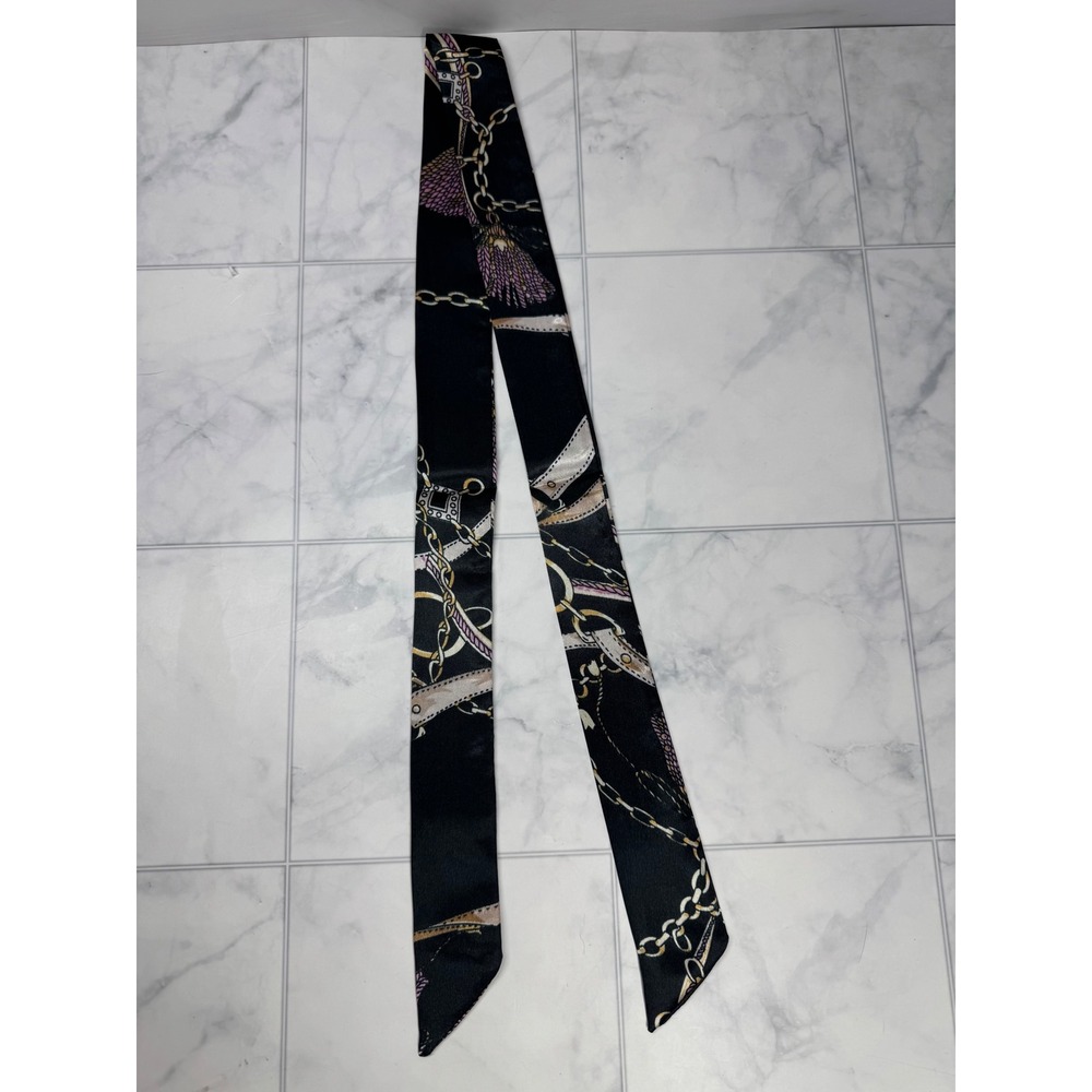 Black Satiny Skinny Scarf Chain Belt Tassel Print Hair Ribbon Bag Wrap New